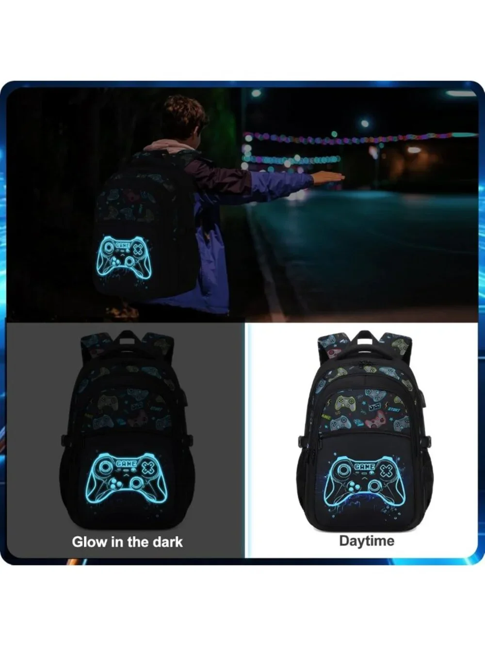 Luminous Gamer Boys Backpack with Lunch Box for School, Stylish & Functional